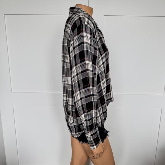 Chaps, Plaid Split Neck Relaxed Fit Henley Top, White/Black/Red, Women’s Large - Picture 3 of 7